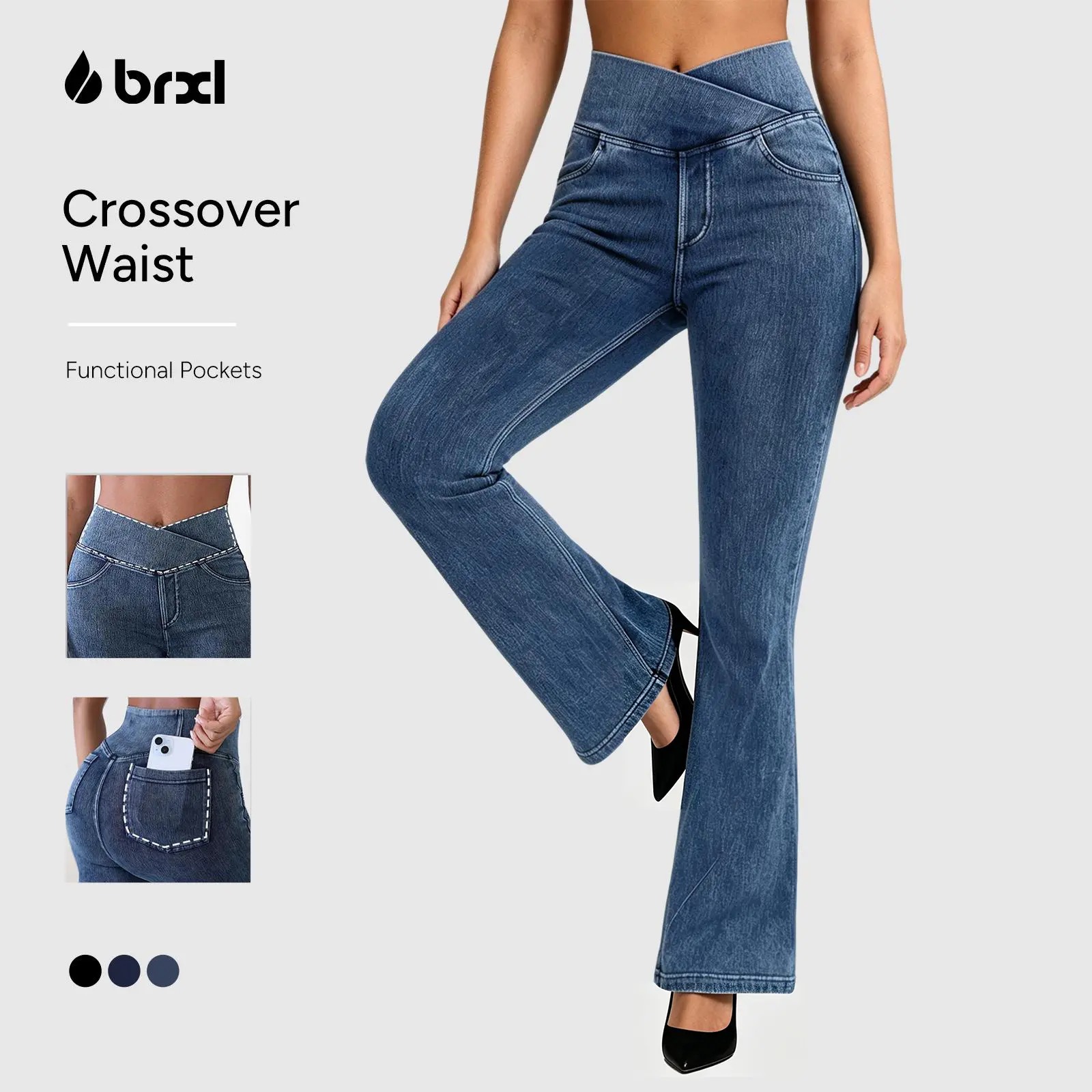 High Waisted Stretchy Crossover Denim Jeans for Women - Flare Jeggings Bootcut